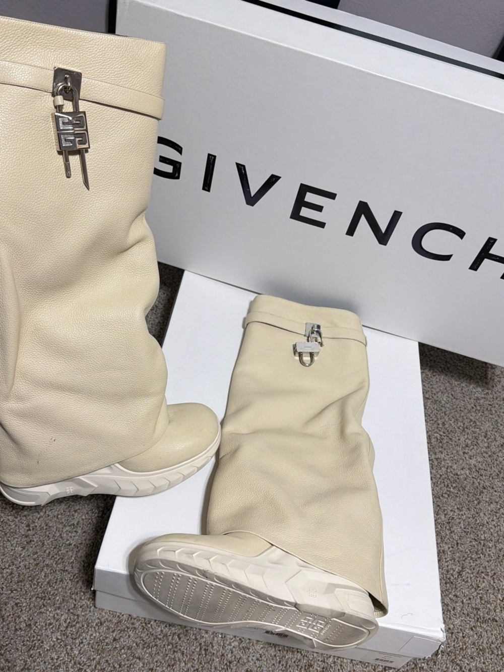 Givenchy Ivory Leather Knee-High Boots with Silver Logo Hardware